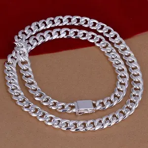925 Sterling Silver Cuban Link Necklace — 10mm Width with Side-Mounted Square Clasp (Fashion Jewelry),summervibes