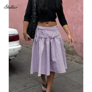 Women Low Rise Plaid Gingham Tie Up A Line Frill Ruffle Hem Vintage Skirt for Teen Girls Streetwear