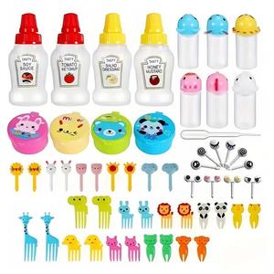 cute cartoon design food picks set, 1 set including lovely sauce squeeze bottle & dessert forks & sauce box & liquid bottle, kitchen supplies for indoor & outdoor, fall decor, men gifts