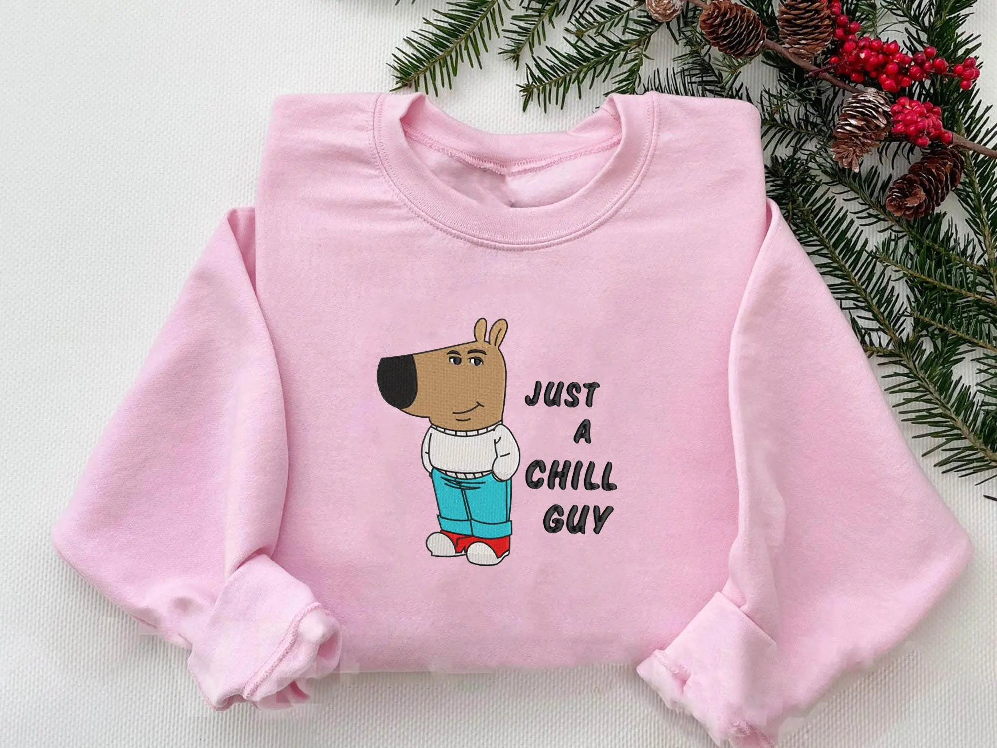 Women's Fitted Long-Sleeve Pullover Hoodie Sweatshirt - Embroidered Funny Lowkey Chill Guy Meme Design, Comfortable Casual Embroidery Top for Women