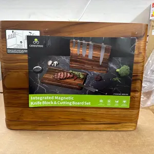 Celestree Integrated Magnetic Knife Block & Cutting Board Set, Model WB106. This premium kitchen set is crafted from beautiful Rain Wood (Acacia) and features a space-saving integrated design. The magnetic block holds knives securely for easy access, whi