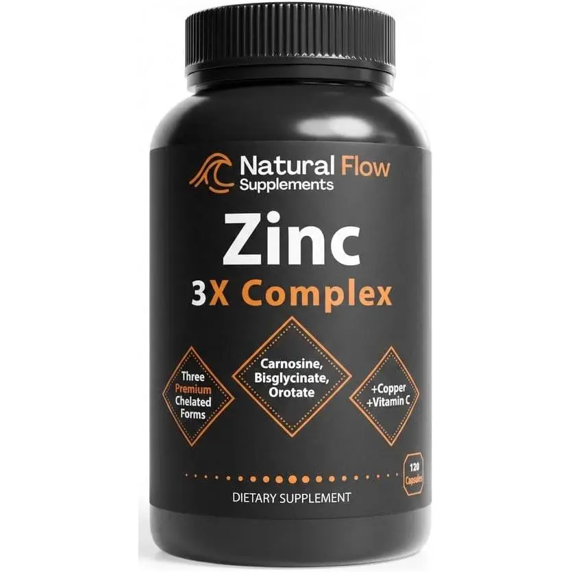 Zinc Supplement Complex with Copper and Vitamin C Natural Flow 3X Zinc Carnosine Bisglycinate Chelate and Orotate Chelated Copper Easy on The Stomach Skin and Immune Support 120 Capsules Daily Wellness Vitality Formula for Men and Women