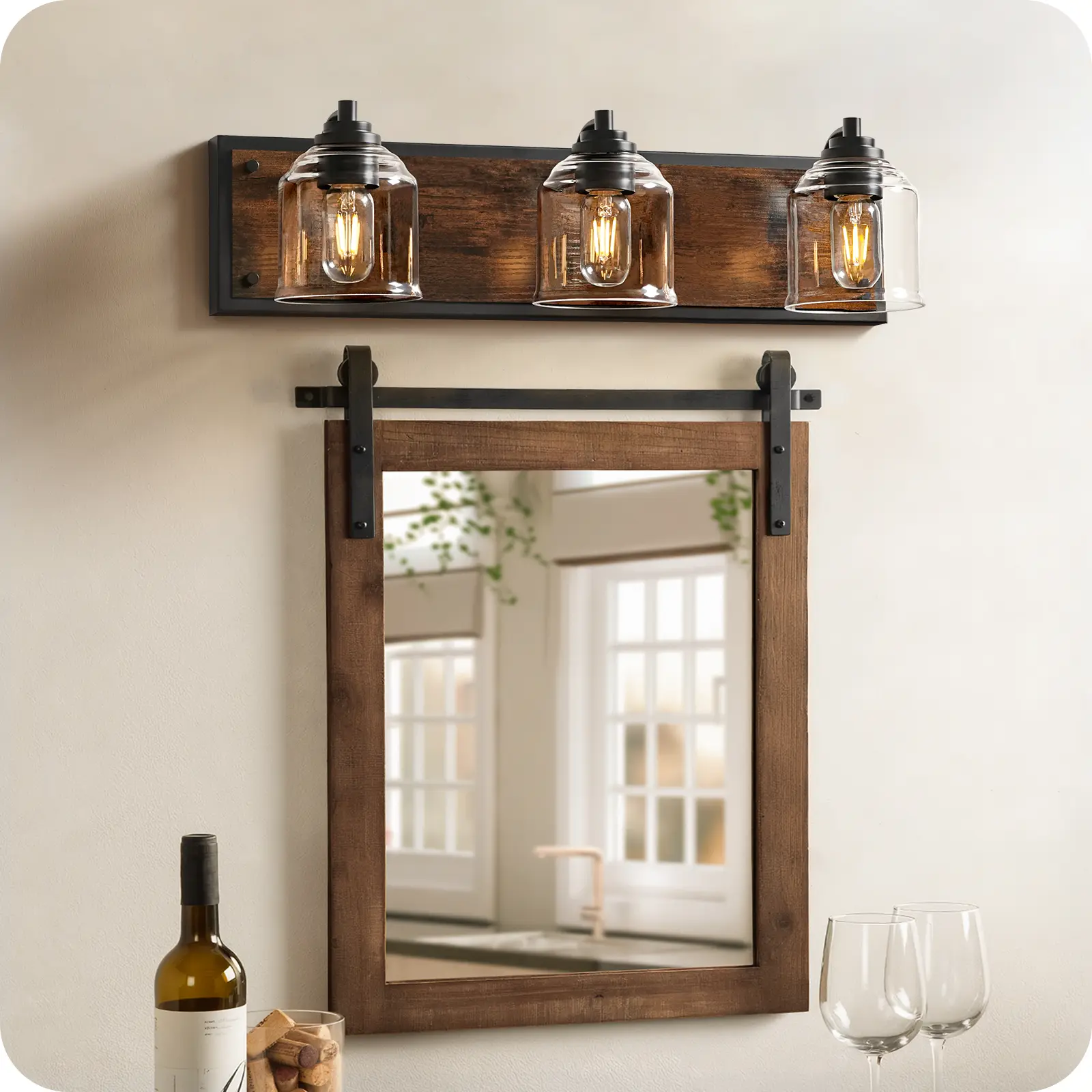 3-Light Bathroom Fixture, 23.2" Large Farmhouse Vanity Light, E26 Base (Bulbs Not Included), Thickened Glass Shade, for Bathroom, Bedroom, Vanity, Hallway, Rustic Brown and Black