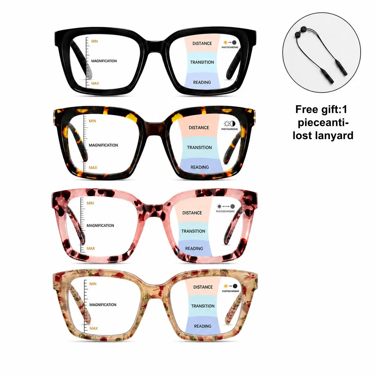 Oversized Square Progressive Reading Glasses, Blue Light Filtering Readers with Spring Hinge, Lightweight Computer Eyeglasses for Women Men