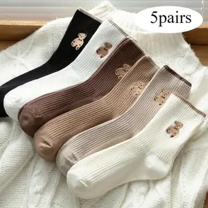 Must-Have 5-Pack Teddy Bear Embroidered Socks Soft Breathable Cotton All-Season Comfort Socks for Women Teens Cute Casual Lounge Wear