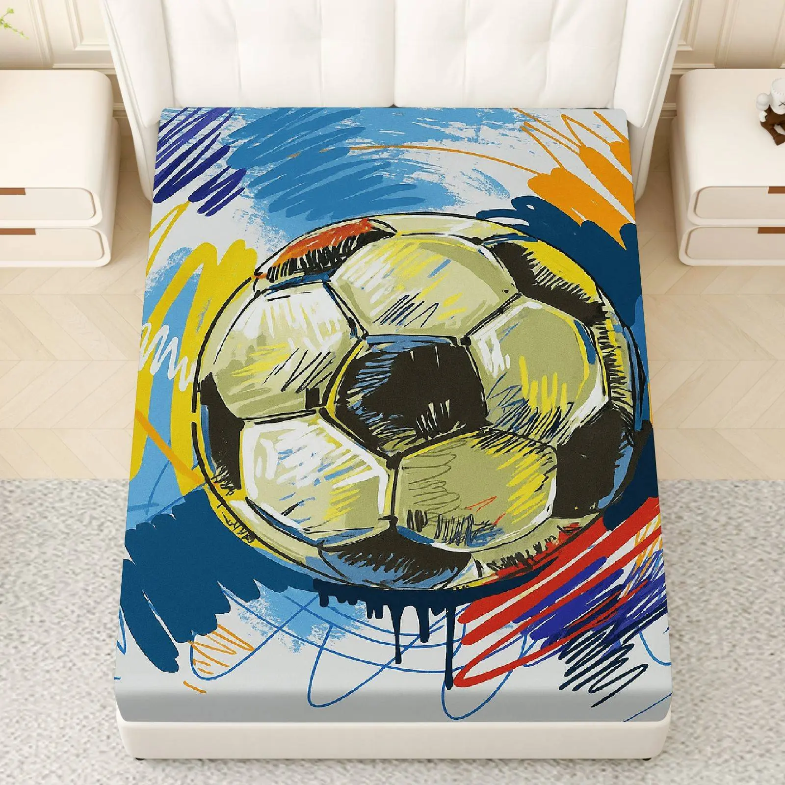1-Piece Cotton Football Print Fitted Blanket Protector - Black and White Glam Design, Colored Corners, Soft Breathable Wrinkle Resistant Durable Sheet, Sports Themed, Machine Washable for Single/Double Beds, One-Piece