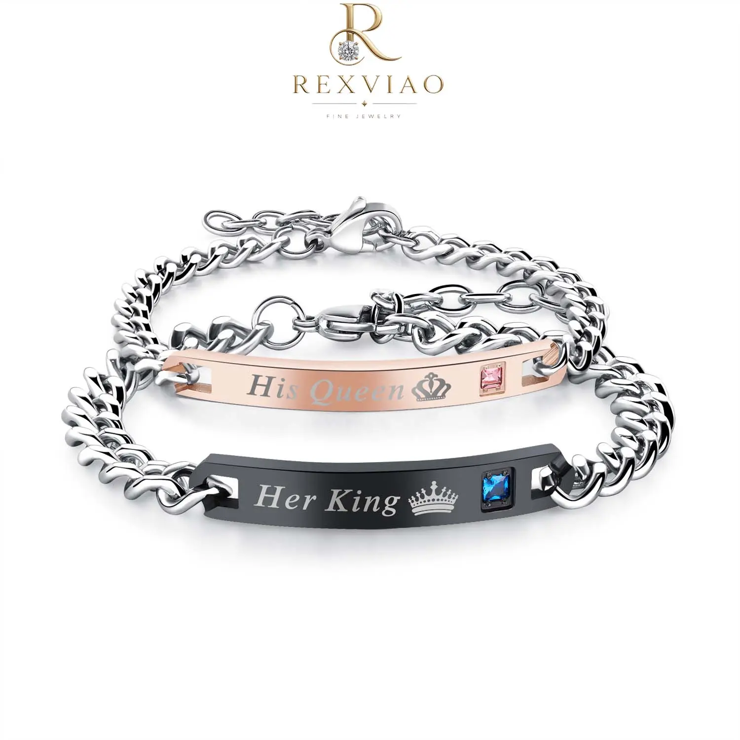 Rexviao minimalist couple bracelet with letter engraving | Cuban chain | unisex | adjustable open cuff | versatile casual style | unique choice for everyday wear | birthday gift