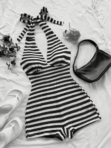 Women's Fashionable Minimalist Striped Halter Sleeveless Jumpsuit Romper Fit, Perfect for Casual Vacations, Beach Dates, Parties & Festivals, Womenswear Piece