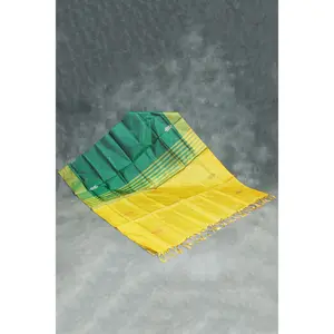 Saffron Yellow Vaazhai Naar (Banana Pith) Saree with Green Pallu and Small Butta - Borderless Traditional Saree