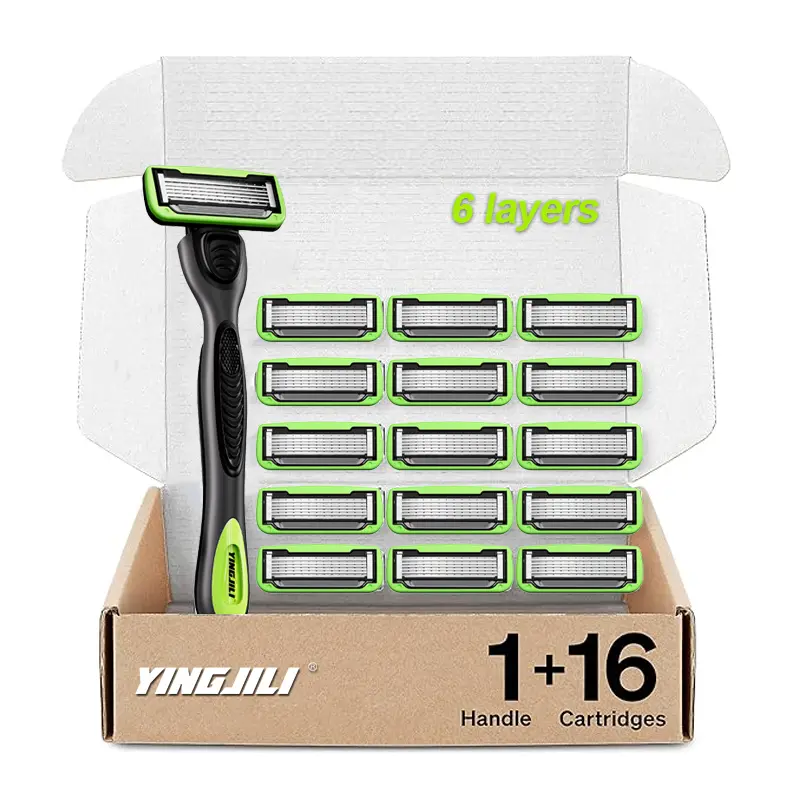 Yingjili Men's Razor Refills - 6-Blade Precision, Dual Protection, Smooth Shave for Sensitive Skin, 16-Pack with Trimmer, Adults, Close Shave, Refill Pack, Six Blades