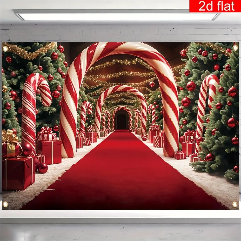 1pc Polyester Material 2D Flat Christmas Themed Photography Backdrop, Red and White Striped Arch with Red Carpet Pattern, Bright Durable Party Banner for Christmas Eve Wall & Living Room Decoration