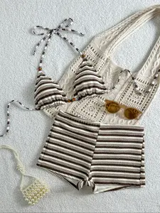 Women's Fashion Two-Piece Swimsuit, Stylish Spaghetti Strap Striped Print Bikini Set, Comfortable Beachwear, Perfect for Pool Parties, Casual Swimwear