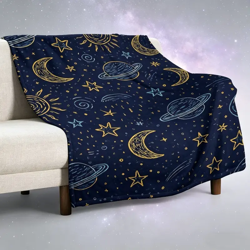 Celestial Star Moon Planet Print Throw Blanket, Soft Flannel Galaxy Space Blanket