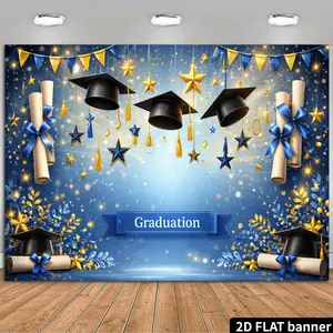 Graduation Banner Background Cloth Tapestry Hanging Wall Decor Graduation Caps Golden Stars Blue Background Scroll Ribbon Garland Graduation Word Banner