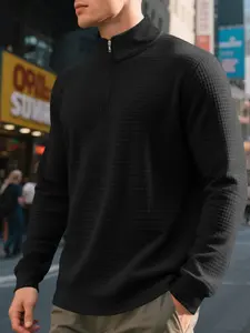 Men's Casual Loose-Fit Jacquard Pullover Sweatshirt, Stand Collar Half-Zipper Design, Perfect for Fall & Winter Seasons