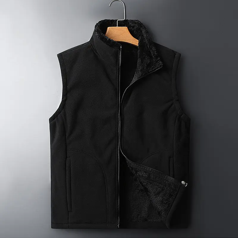 Men's Casual Stand-Collar Vest, Plain Polyester Fleece-Lined Outerwear with Zipper for Sports and Extra Warmth, Menswear, Simple, Sleeveless, Mock Neck, Pockets, Classic, Vintage, Fitted, Solid, Warm Liner