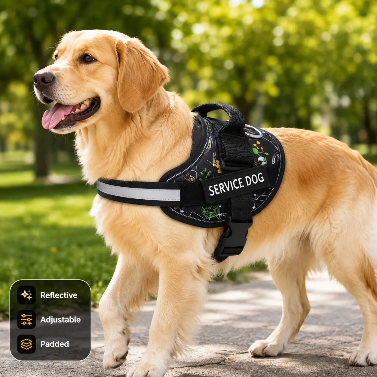 Reflective Service Dog Basic Halter Harness - Adjustable No-Pull Pet Vest with Soft Padding, Top Handle, Durable Metal D-Ring, Quick-Release Buckle, Detachable Graphic Patch for Small/Medium/Large Dogs - Hand Wash Only collar goals easy walk, Nylon/Poly