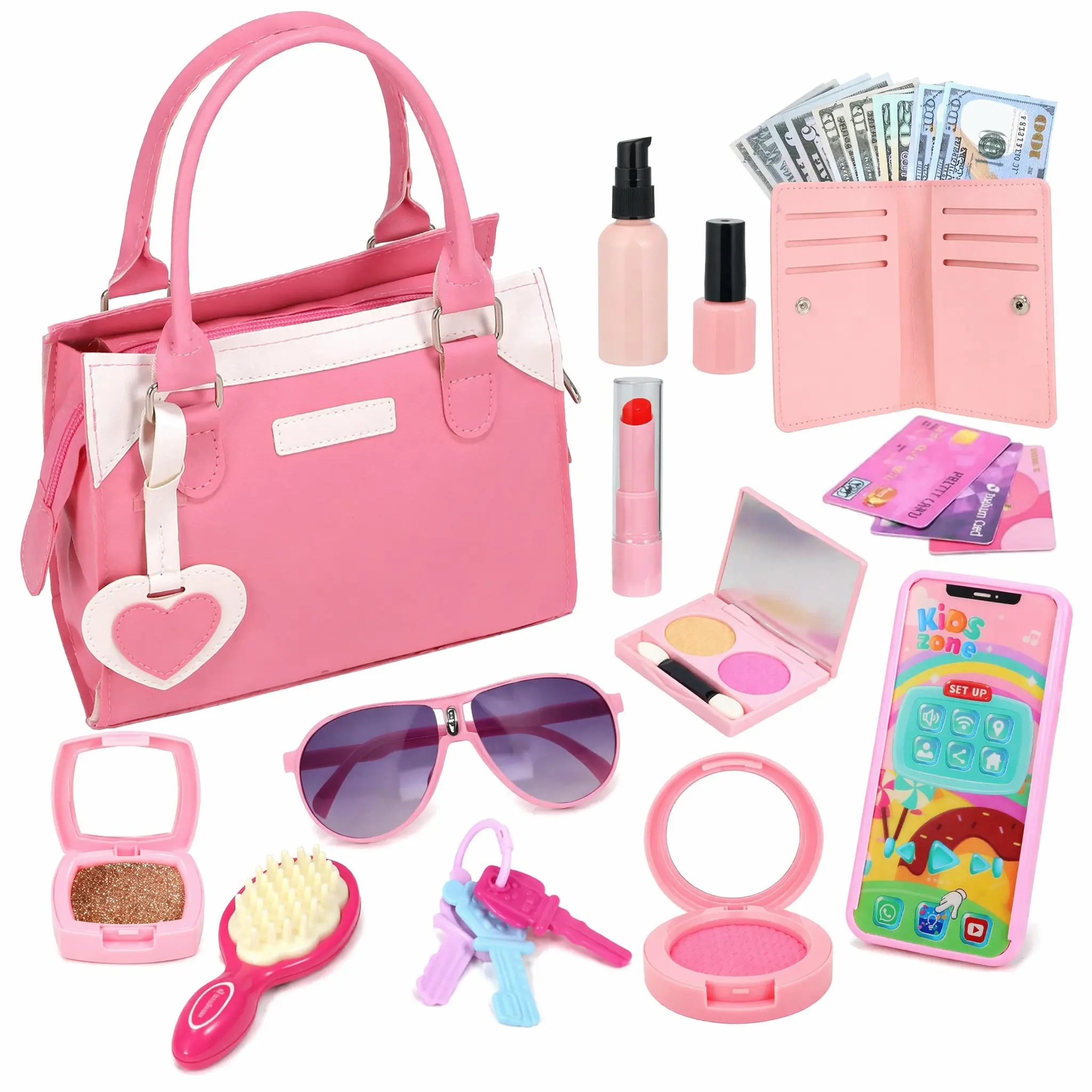 Girls Pretend Play Purse Set - Pink Fashion Easy-to-Carry Anywhere Handbag with Makeup, Toy Phone, Sunglasses & Accessories, Toys for Girls for Birthdays, Holidays Dress-Up Role Play