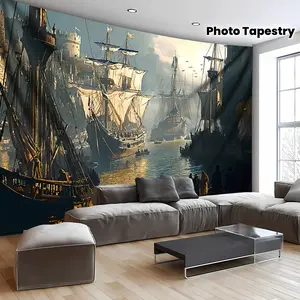 1pc Extra Large Vintage Medieval Port Landscape Photo Tapestry, Polyester Aesthetic Wall Hanging Decor for Living Room, Bedroom, Office, Party - Indoor Use, No Installation Required, Nautical Decor