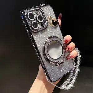 Night Diamond Mirror Phone Case, Gradient Glitter Craft, Crystal Lanyard, Full Lens Protection, Fits iPhone 17pro Max 16pro 15 14 13 12 11