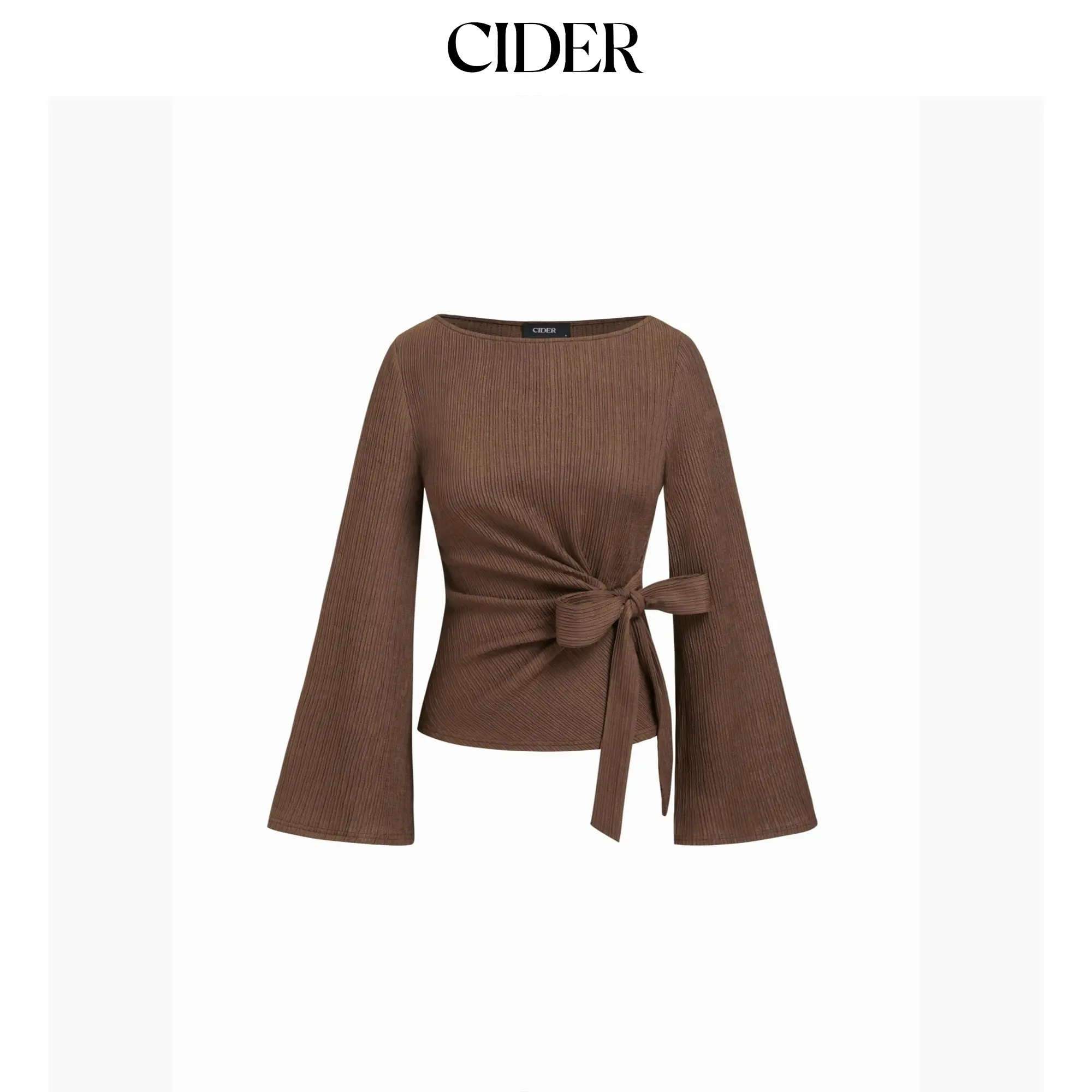 Cider Boat Neck Textured Side Knotted Ruched Long Sleeve Top
