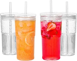 Glass Cups with Lids and Straws 4 Pack, 20oz Glass Cups, Leak Resistant Iced Coffee Tumblers, Thick Reusable Drinking Glasses, Fits Car Cup Holder, Clear Coffee Bar Accessories,summerwins
