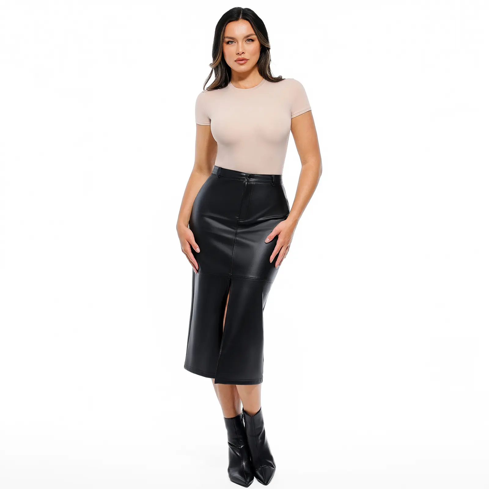 Popilush Sculpted Faux Leather Contour Skirt Clothes Mesh Slit Women-Creator Live