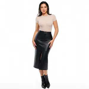 Popilush Sculpted Faux Leather Contour Skirt Clothes Mesh-LIVE Slit Women