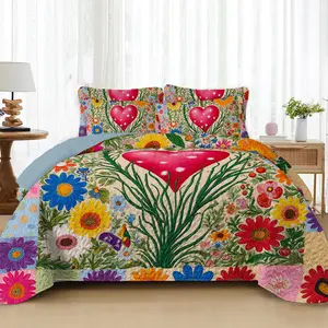Spring Palette Lightweight Quilted Thin Comforter, Blooming Heart Bedspread / Bedding Set (King / Queen size includes 2 pillowcases, Twin size includes 1 pillowcase)