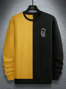 Men's Round Neck Sweatshirt, Colorblock Patchwork Bear Print Pullover, Casual Loose Fit Sportswear for Fall & Winter