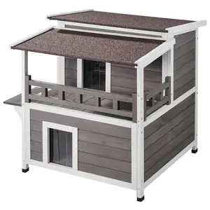 VEVOR Outdoor Cat House Weatherproof,  Feral Cat Shelter for Multiple Cats, 2-story Large Outdoor Wooden Cat House with Balcony, Doors, PVC Door Flaps and Open Roof, 30"L x 30"W x 32"H