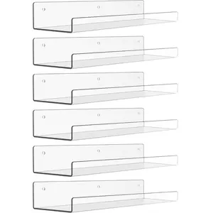 6 Pack Acrylic Shelves for Wall Storage, 15" x 4“ Floating Bookshelves for Kids, Display Shelf Organizer for Bathroom, Bedroom, Living Room, Kitchen, Room Decor, Clear