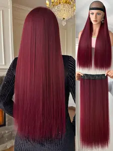 Long Straight Cut Ponytail With Natural Soft Synthetic Hair Extensions, Suitable For Women In 28 Inch Burgundy Wine Red Color
