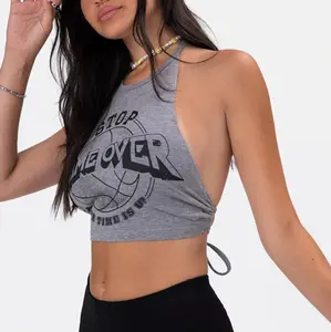 Neck Strap Backless Neckline Printed Sexy Tank Top