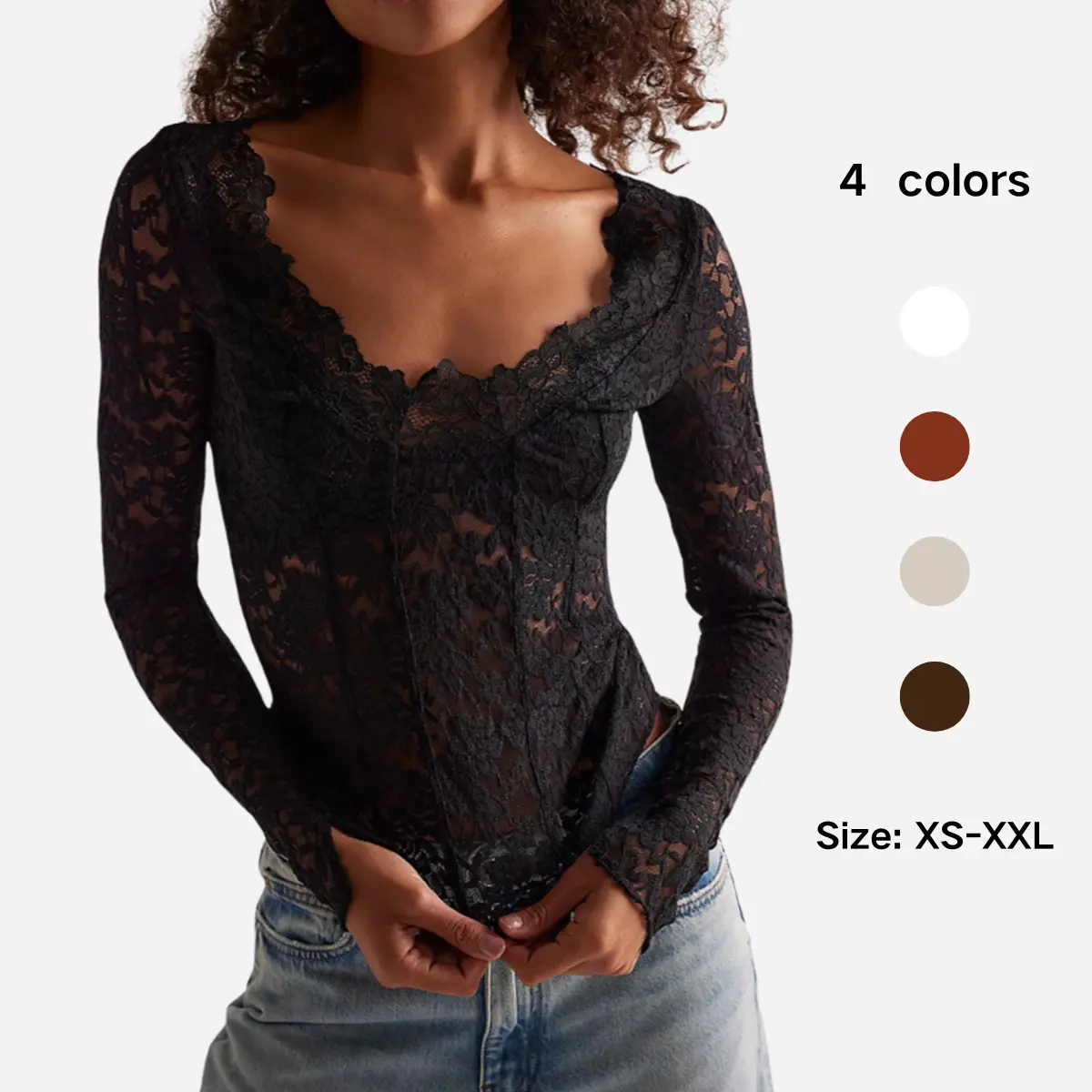 Molitree Women's Sheer Floral Lace Long Sleeve Top Wide Scoop Neck Fitted Blouse with Scalloped Trim