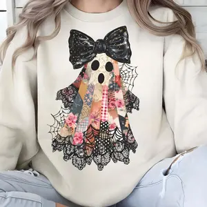 Patchwork Ghost Lace Sweatshirt, Retro Halloween Spooky Season, Coquette Fall Preppy