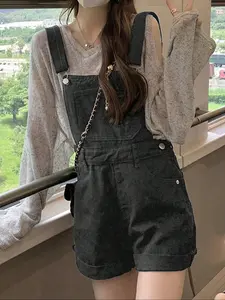 Women's Vintage Denim Strap Shorts Summer Loose Fit Button Fly Overall, Casual Fashionable Clothing for Women Daily Wear