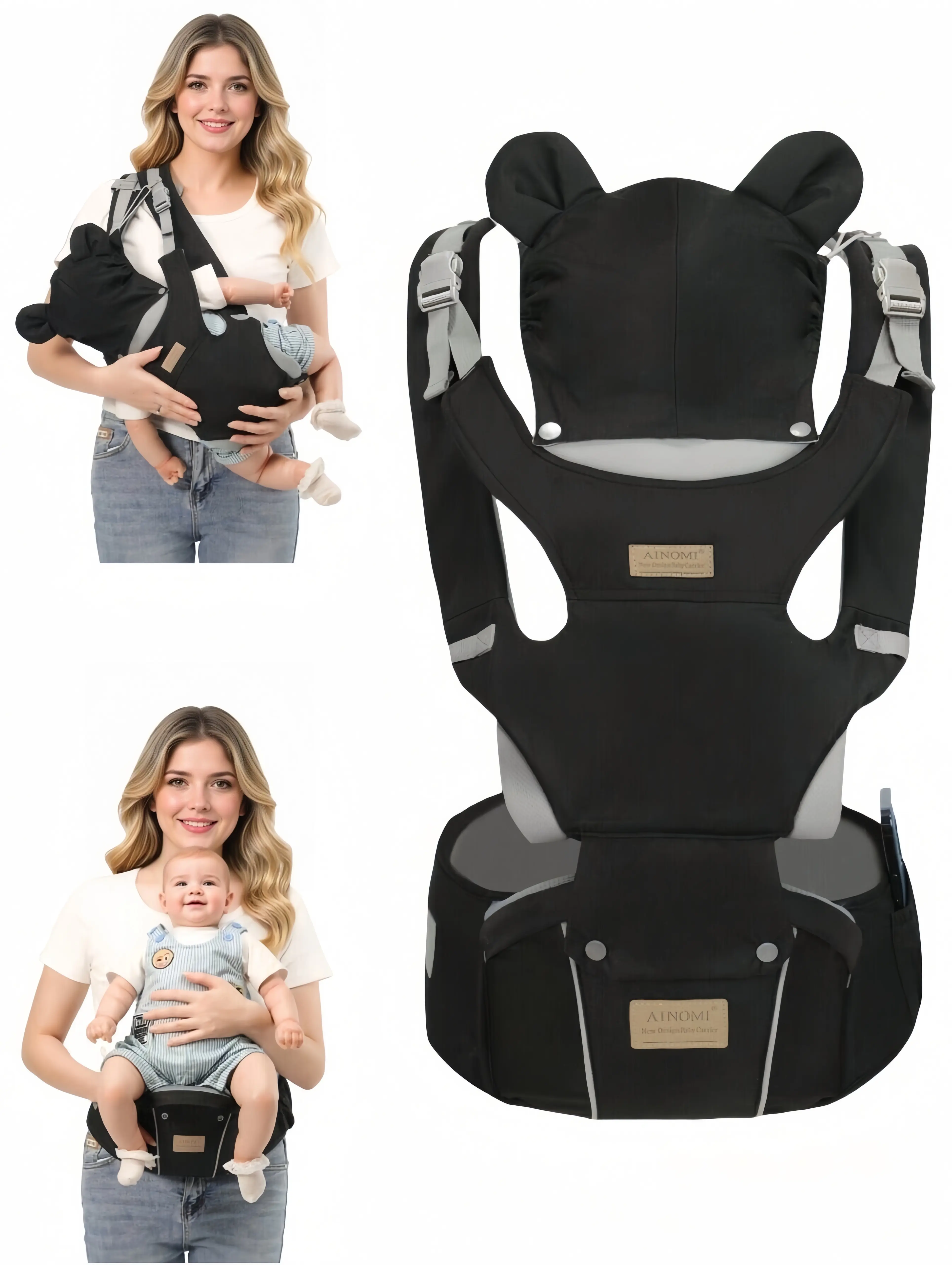 Ainomi Adjustable Ergonomic Carrier, All-in-1 Solid Breathable Harness for Toddlers, Lightweight and Hands-Free for Travel, Polyester, Portable, Unisex, Logos, Adjustable Fit, All-In-One