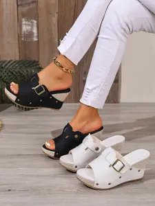 Women's Summer New Thick Sole Wedge Sandals, Open Toe Backless Fabric Slip-On Slippers, Casual Platform Sandals, Casual Comfortable Shoes for Women