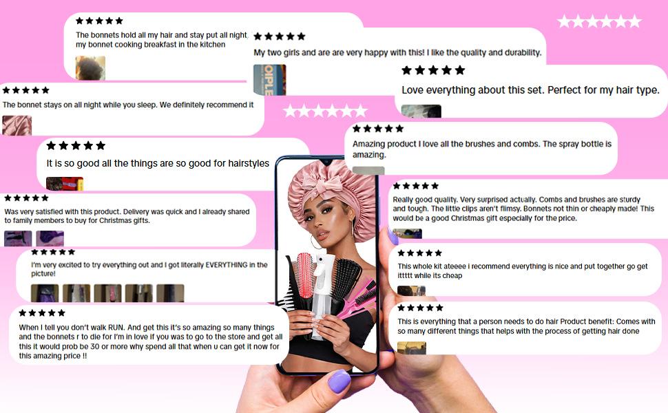 【Spring Glow-Up】Pink Hair Brush Set 17 Counts Detangler Wide Tooth Comb Satin Bonnet Nylon Bristle Brush Edge Tool Kit for Curly Hair Styling Detangling Hairbrush