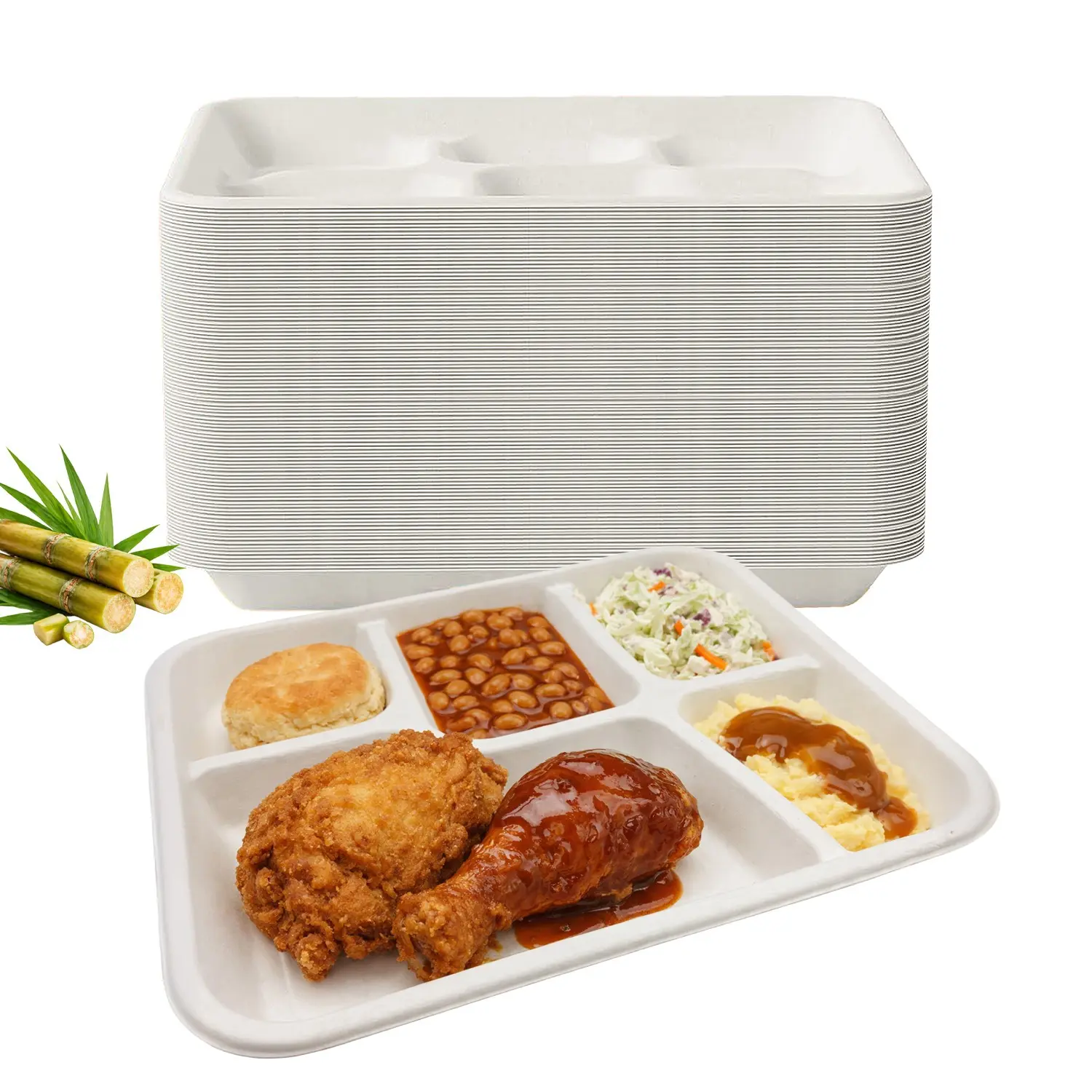 FPN Plates 5-Compartment 11 X 9.5 Inch Disposable Plates – Sugarcane Fiber, Biodegradable & Compostable, Paper Plates for Meals, Catering, School Lunch, Microwave & Freezer Safe
