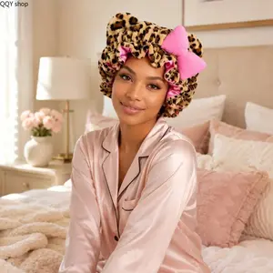 【Summervibes】Leopard Print Plush Teddy Bear Bonnet, Satin Lined Adjustable Sleep Cap, Soft Fuzzy Hair Care Headwear, Cute Retro Leopard Pattern Night Bonnet, Comfortable Protective Hair Accessory for Women Daily Sleeping, Lounge & Self Care Use