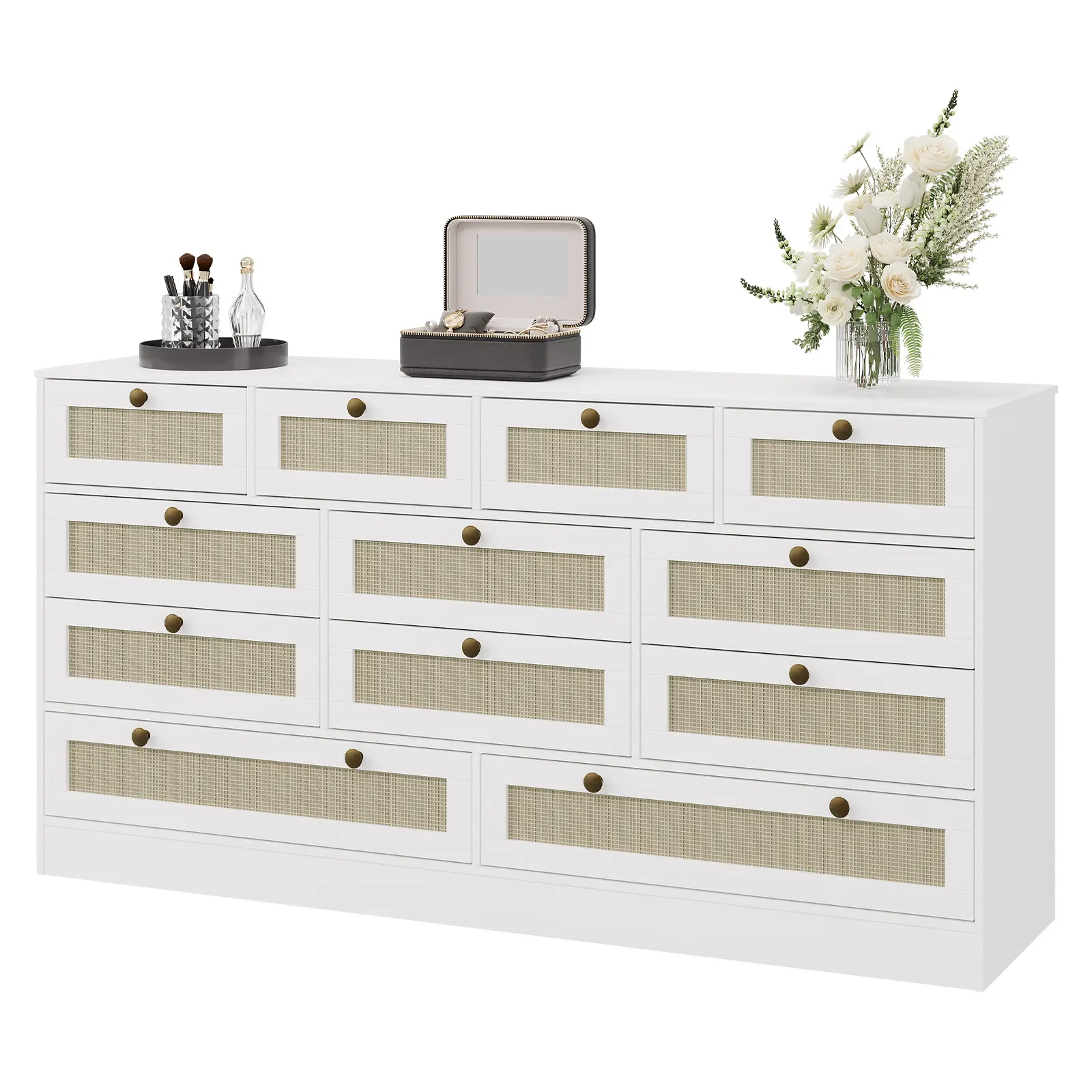 12 Drawer Wood Dresser for Bedroom, Modern Wooden Chest of Drawers with Rattan Woven Drawers, 61 Inch Wide Storage Dresser TV Stand Supports 65 Inch TV, Stable MDF Storage Cabinet for Living Room Closet Hallway Kids Room