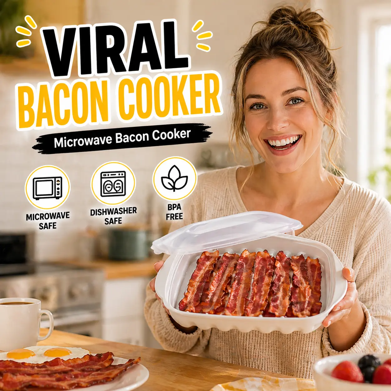 Microwave Bacon Cooker Tray – Crispy Bacon Cooker with Fat Drainer, Oil Free Microwave Bacon Grill, Reusable Kitchen Gadget for Easy Breakfast Cooking Reheating Even