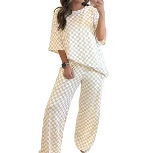 Checkered Print Half Sleeve Tee 2pcs Lounge Pant Set Full Size Range Available in Size S-4X Both for Plus Size & Regular
