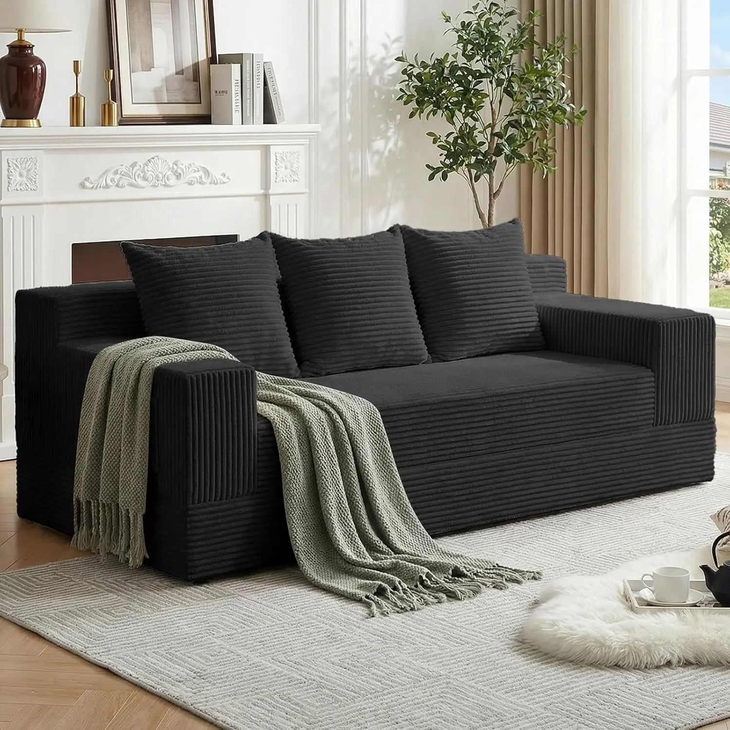 Winzoo Corduroy Folding Sofa Beds, Oversize Convertible Futon Sofa Bed, Compression Boneless Floor Couch Sofas Bed with 3 Pillows for Living Room Bedroom
