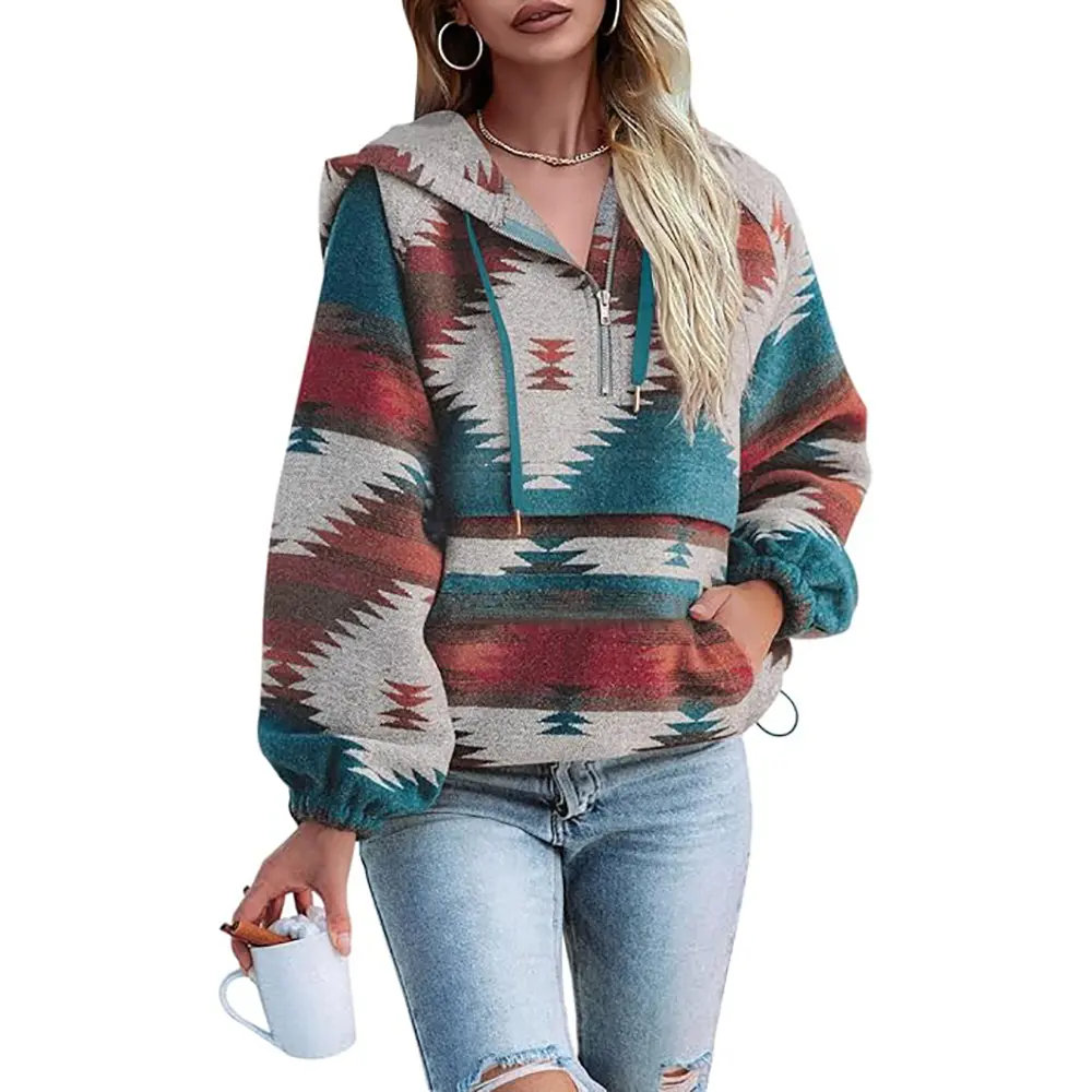 【US Shipping】Womens Aztec Half Zip Up Hoodies Sweatshirt Casual Long Sleeve Oversized Ethnic Tribal Hooded Pullover Shirt Top