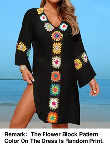 Women's Patchwork Floral Beach Dress, Casual Loose-Fit Woven Fabric, All-Season Sun Protection Cover-Up, Ideal for Vacation, Swim Cover Ups, Swimsuit Coverup, Swimwear Coverups