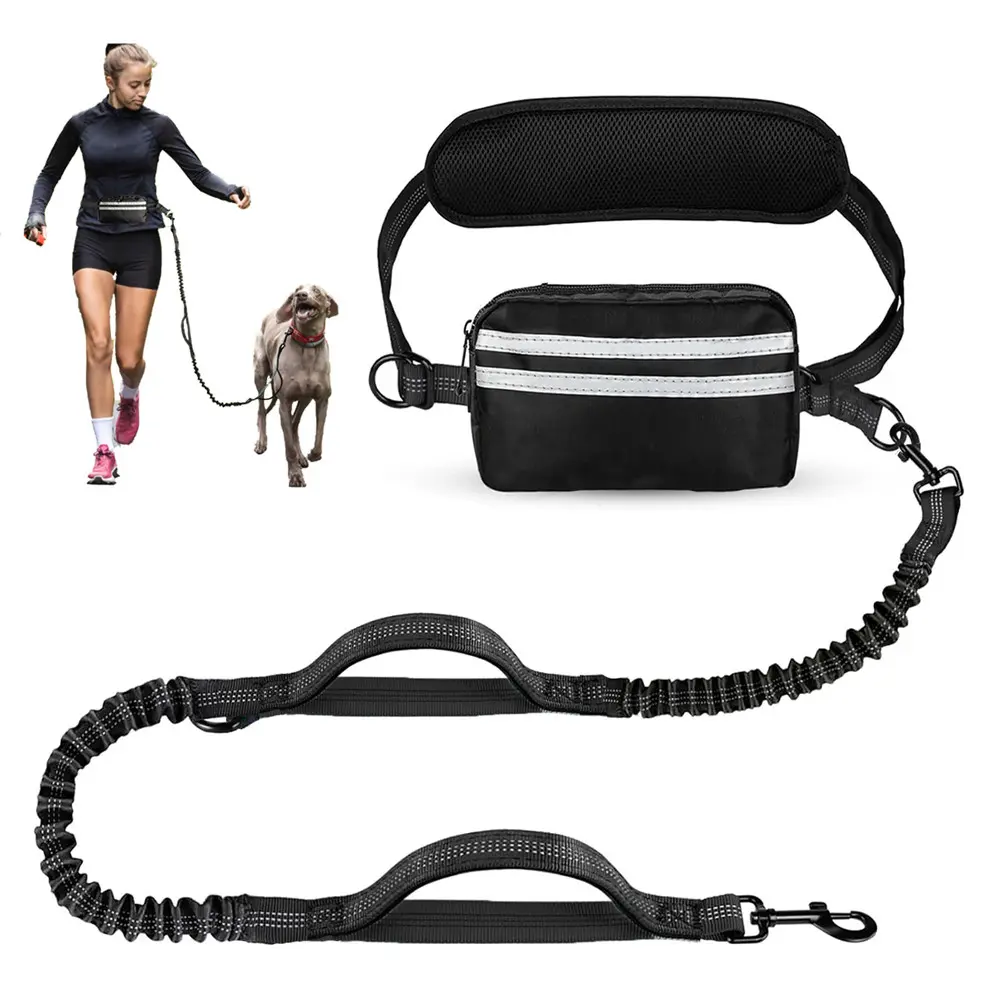 Hands-Free Dog Leash, Elastic Strengthened, Shock Absorbers, Ideal for Running, Walking, Training, Hiking, Durable Dual Handle Waist Belt, Reflective Bungee