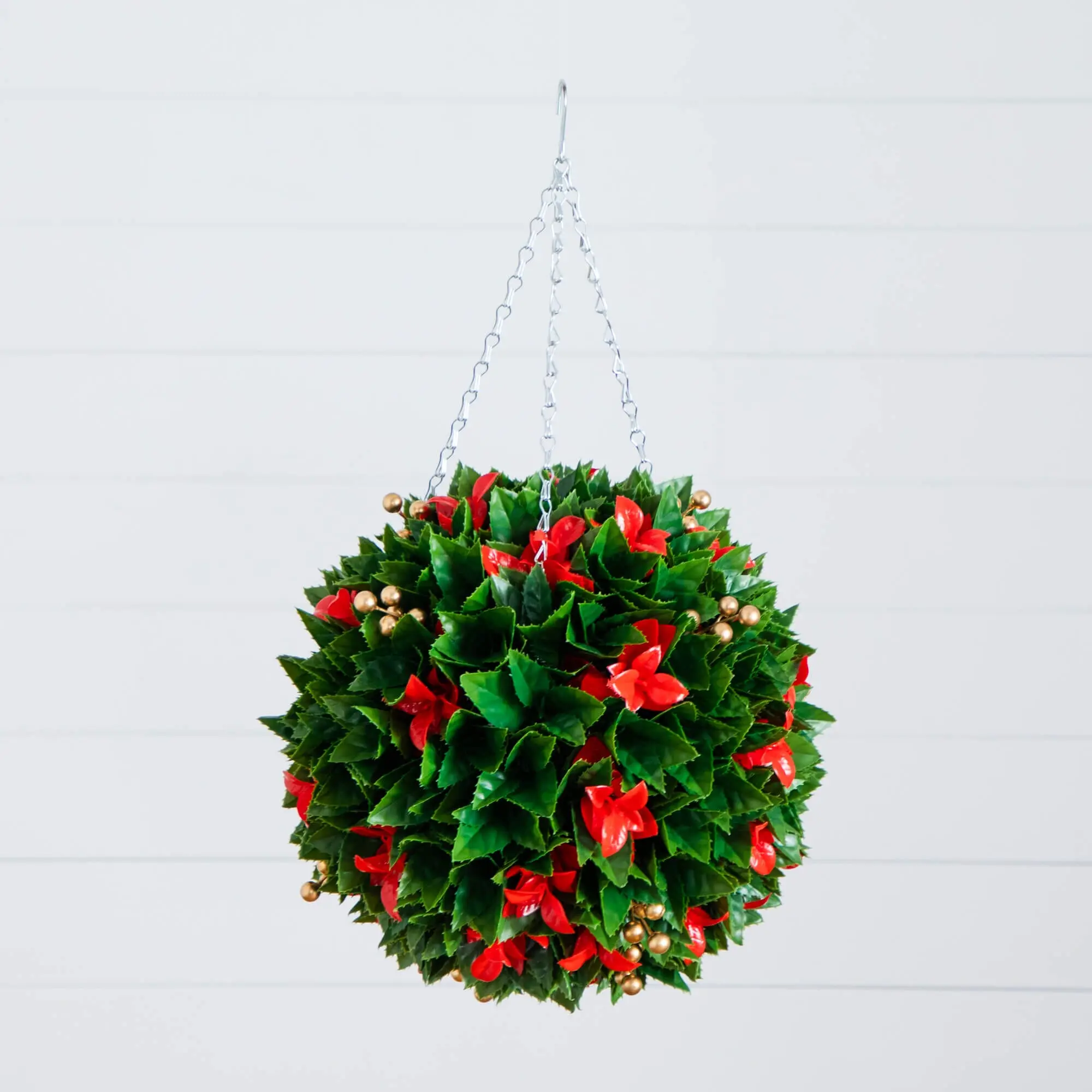 15" UV-Resistant Round Synthetic Red Tip Photinia Holiday Hanging Ball, Colorful High-End Finish Decor Accessory with Floral Accents, Gold Berries, Indoor/Outdoor Christmas Ornament